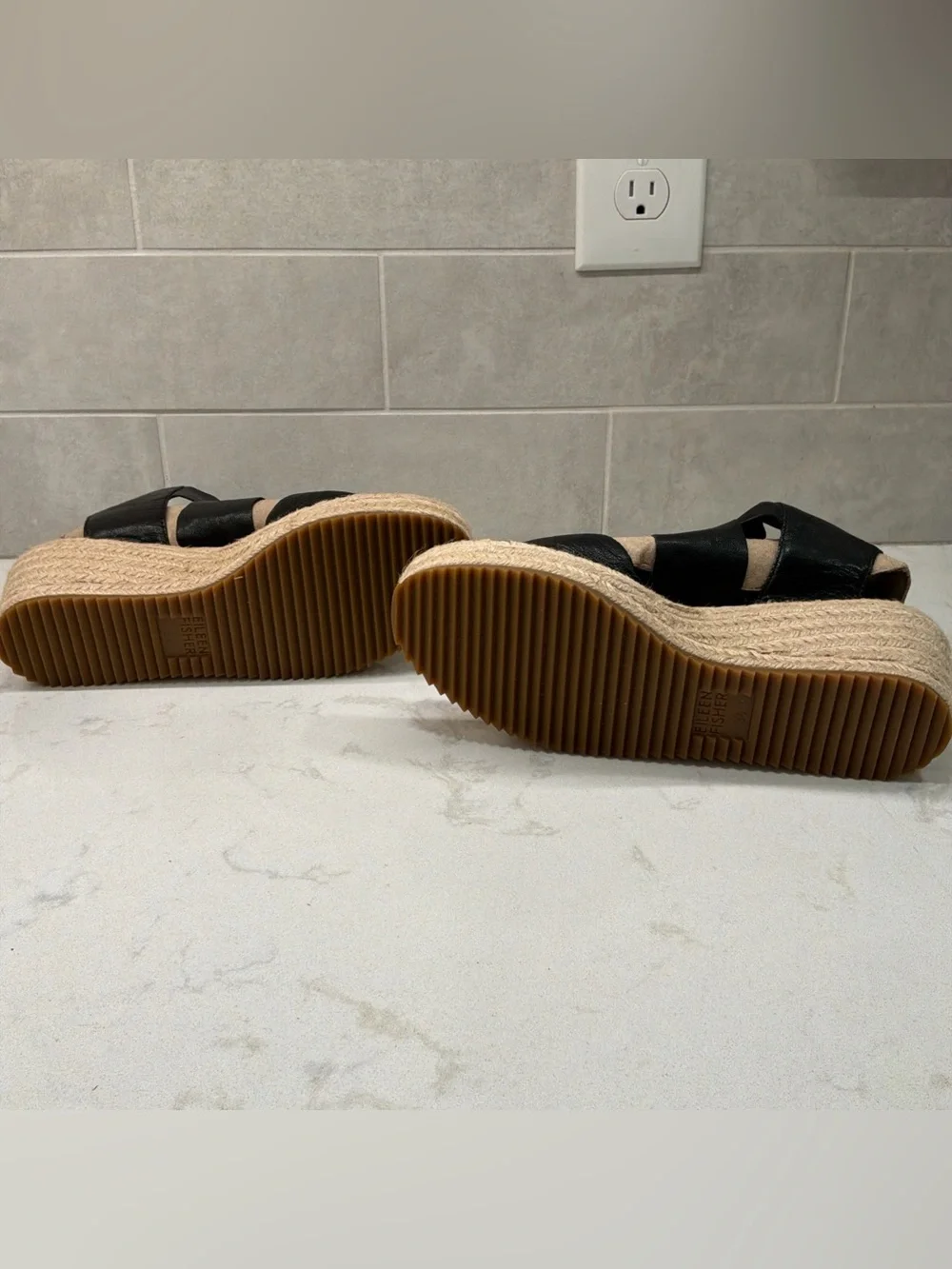 Eileen Fisher Willow Tumbled Leather Wedge Espadrille Black Crisscross Size 9.5